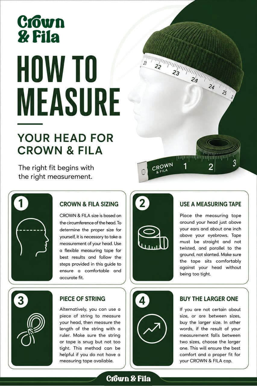 How to measure your head for Crown & Fila: use a measuring tape or string, wrapped just above the ears and eyebrows, snug but not tight. If between sizes, buy the larger one.