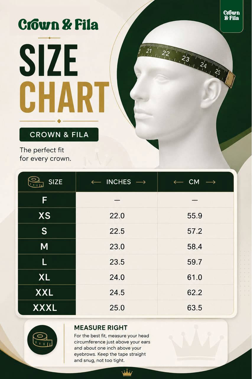 Crown & Fila head size chart: F (—), XS 22.0in/55.9cm, S 22.5in/57.2cm, M 23.0in/58.4cm, L 23.5in/59.7cm, XL 24.0in/61.0cm, XXL 24.5in/62.2cm, XXXL 25.0in/63.5cm.